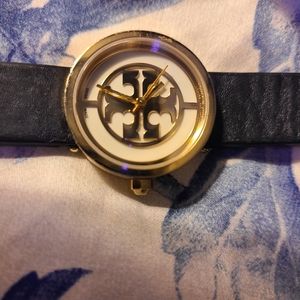 Tory Burch soft black leather wrist watch.